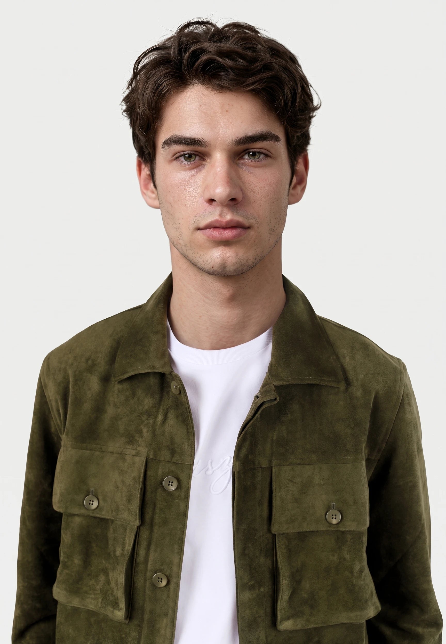 Nash vegan suede jacket - Moss green, collar and fastening close up
