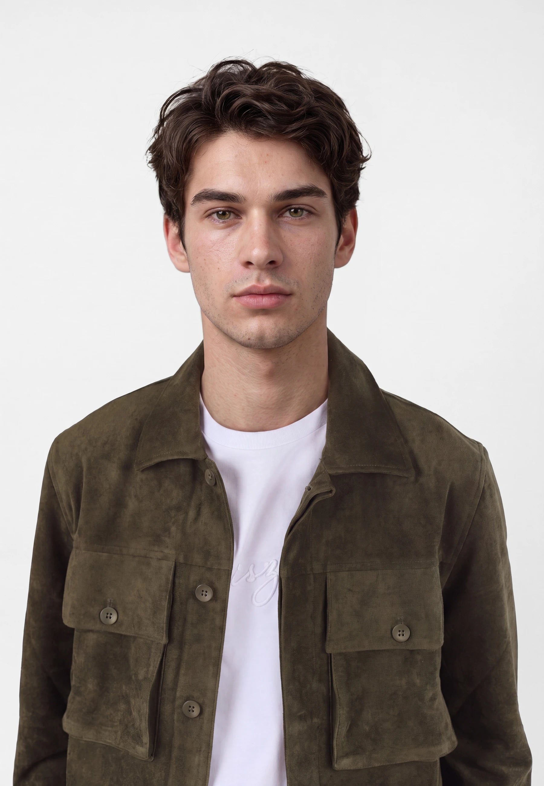 Nash vegan suede jacket - Moss green, collar and fastening close up
