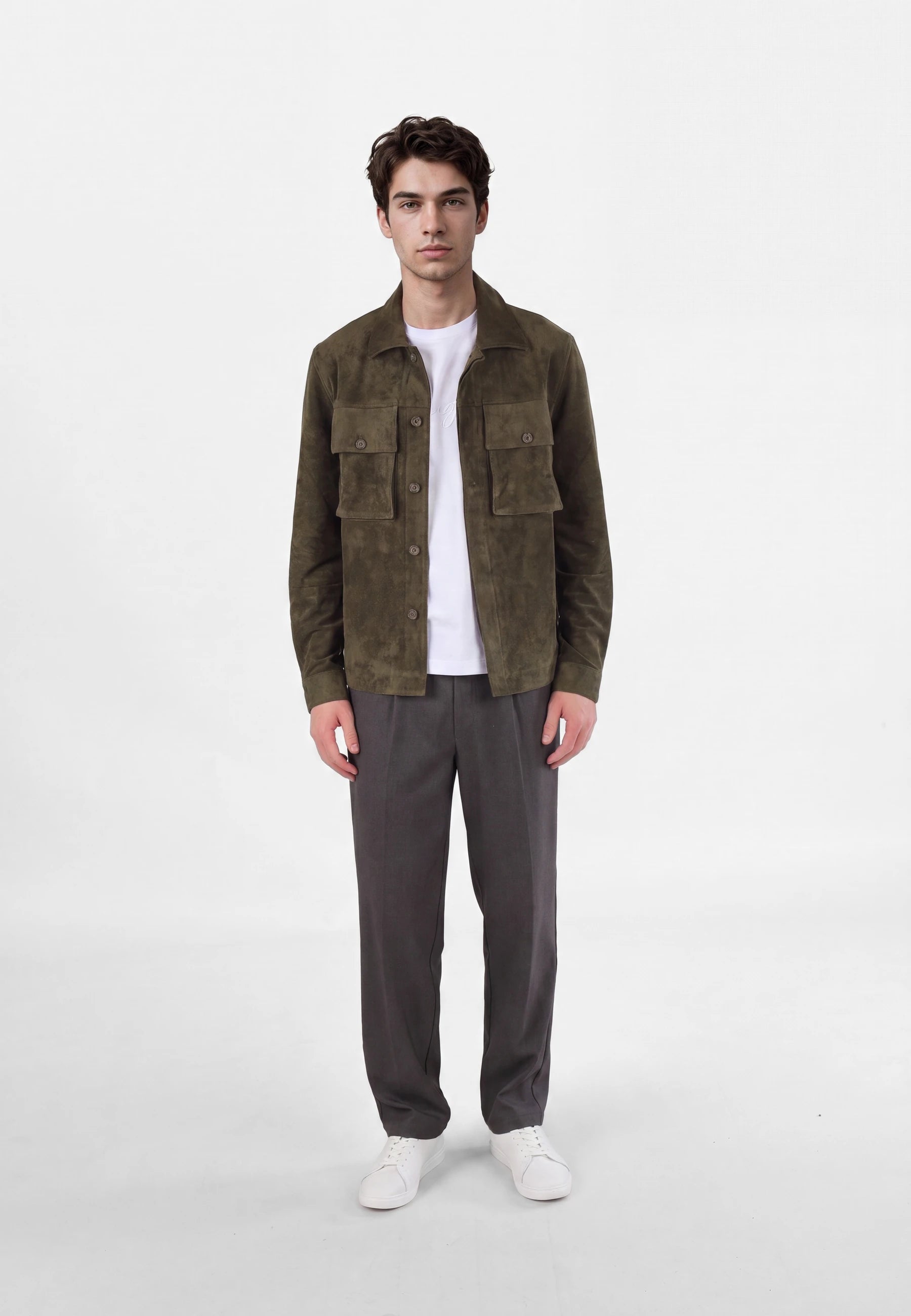 Nash vegan suede jacket - Moss green, front view on model