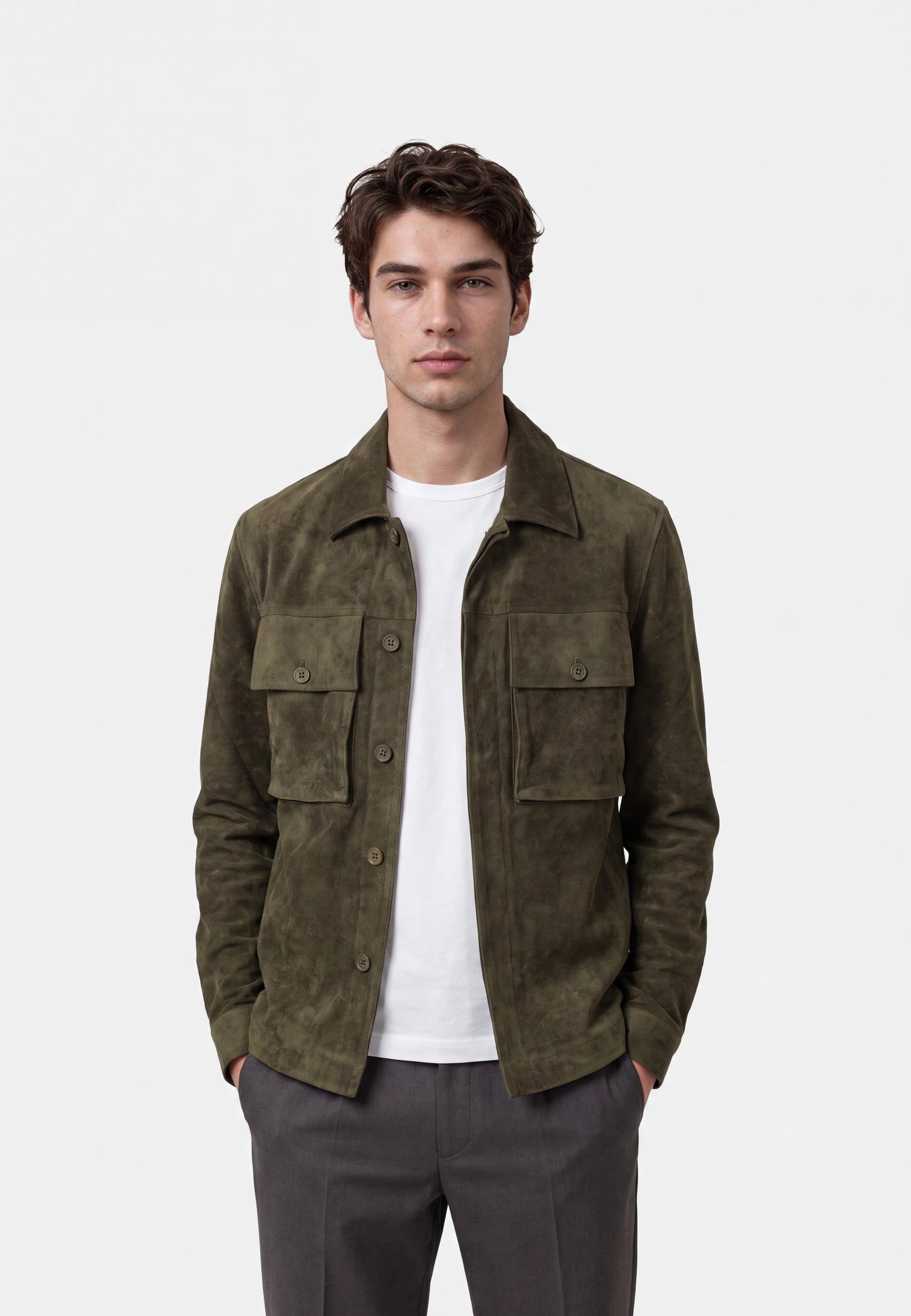Nash vegan suede jacket - Moss green, detail of the fabric and fastening on model