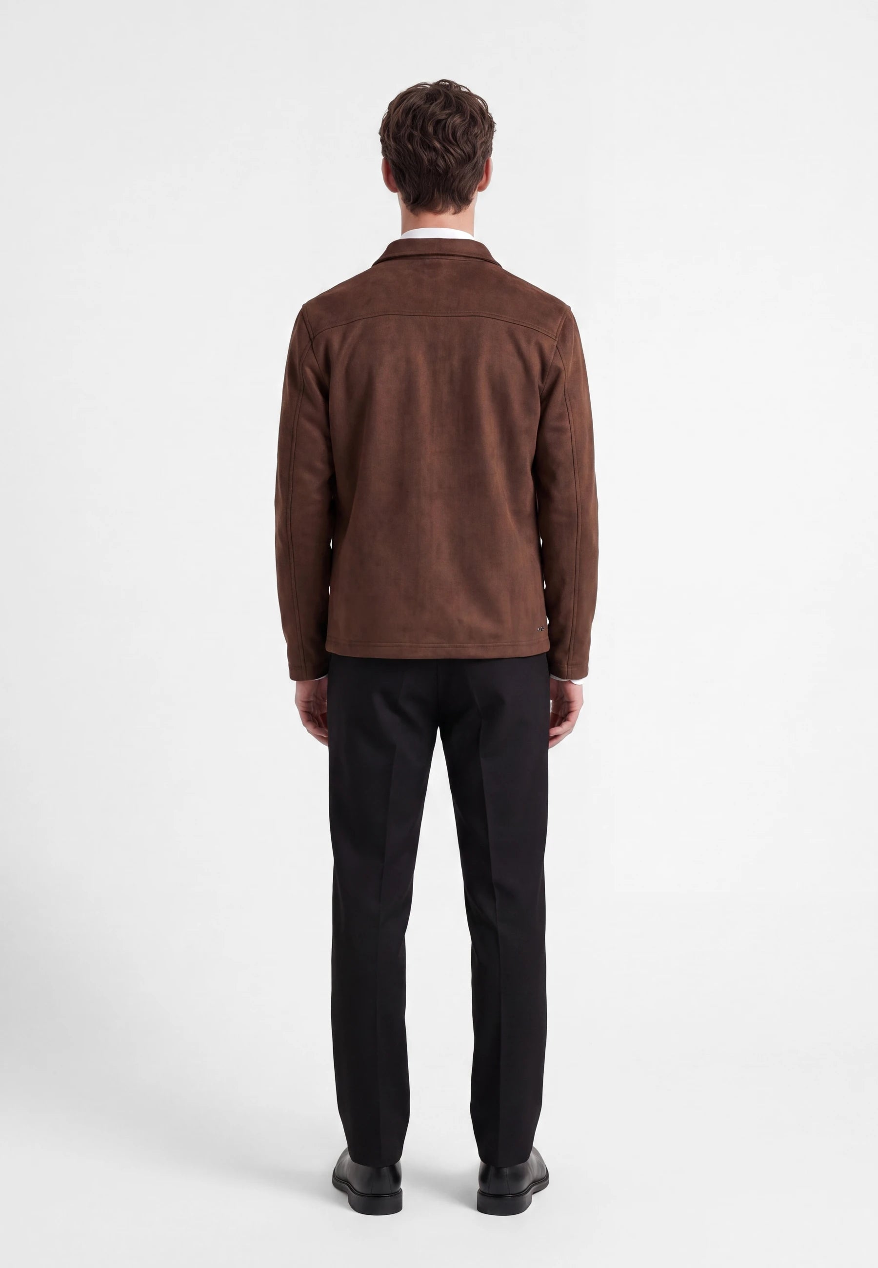 Neo vegan suede overshirt 2.0  - Dark coffee brown, back view on model
