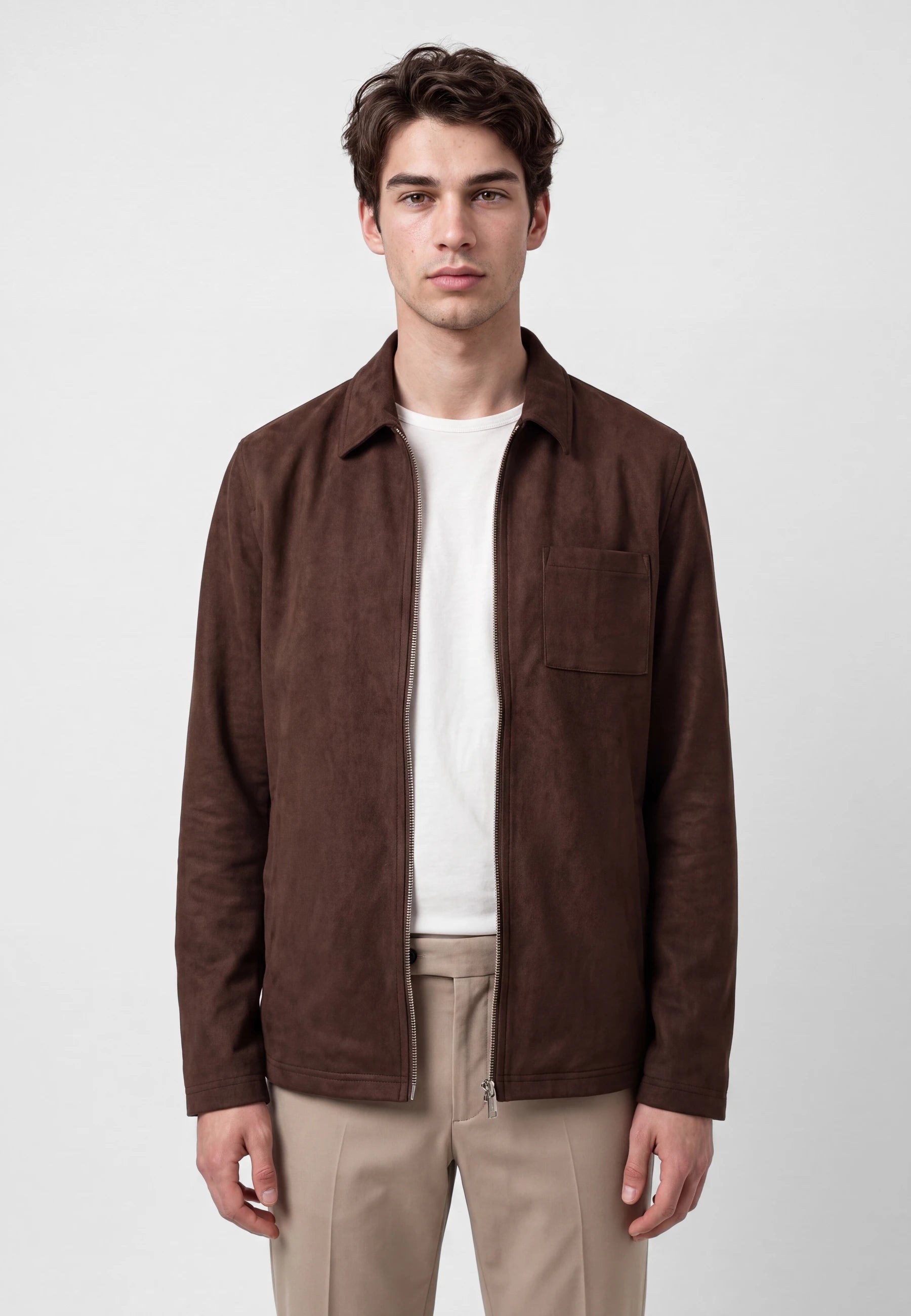 Neo vegan suede overshirt 2.0  - Dark coffee brown, collar and fastening close up