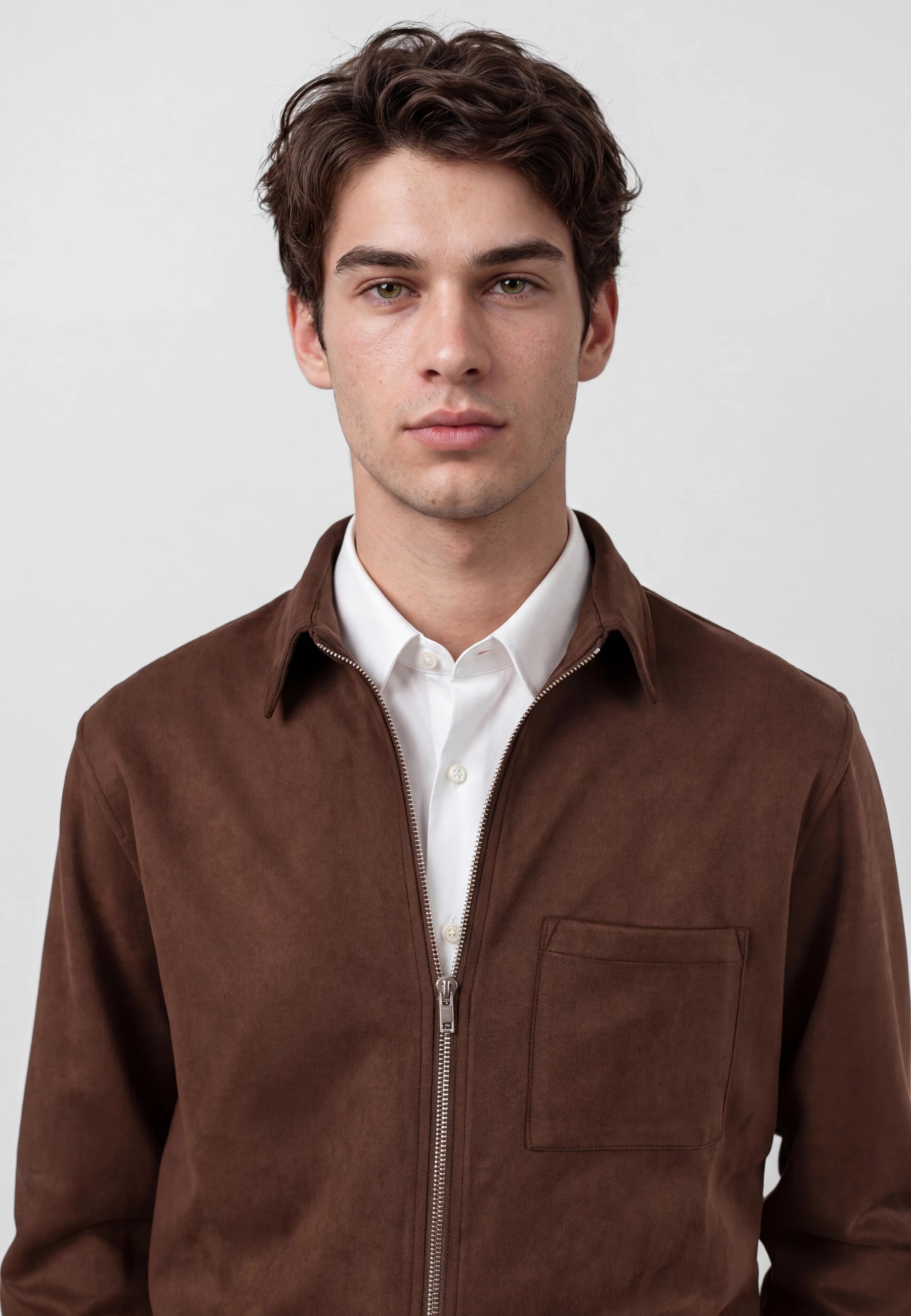 Neo vegan suede overshirt 2.0  - Dark coffee brown, collar and fastening close up
