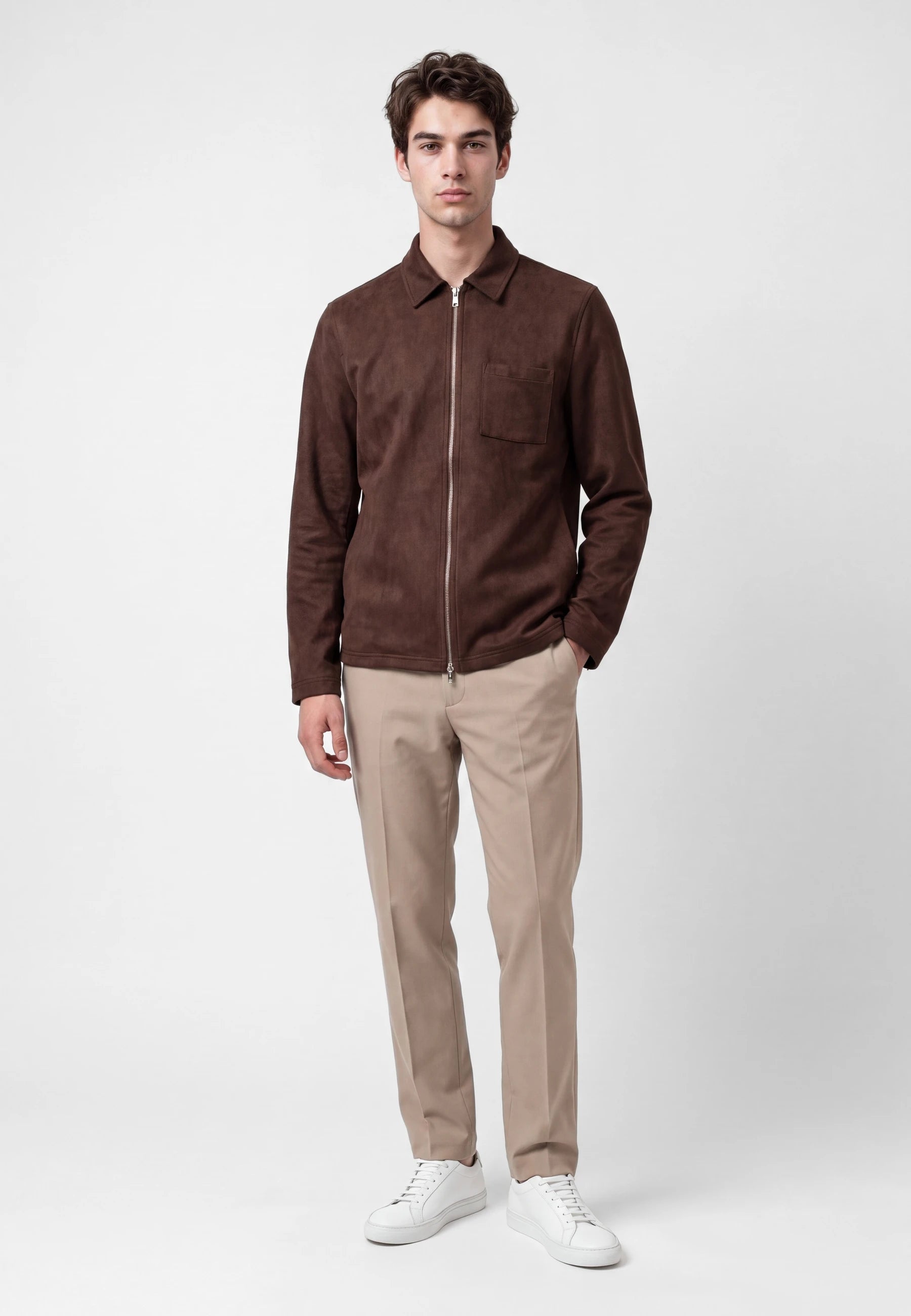 Neo vegan suede overshirt 2.0  - Dark coffee brown, front view on model