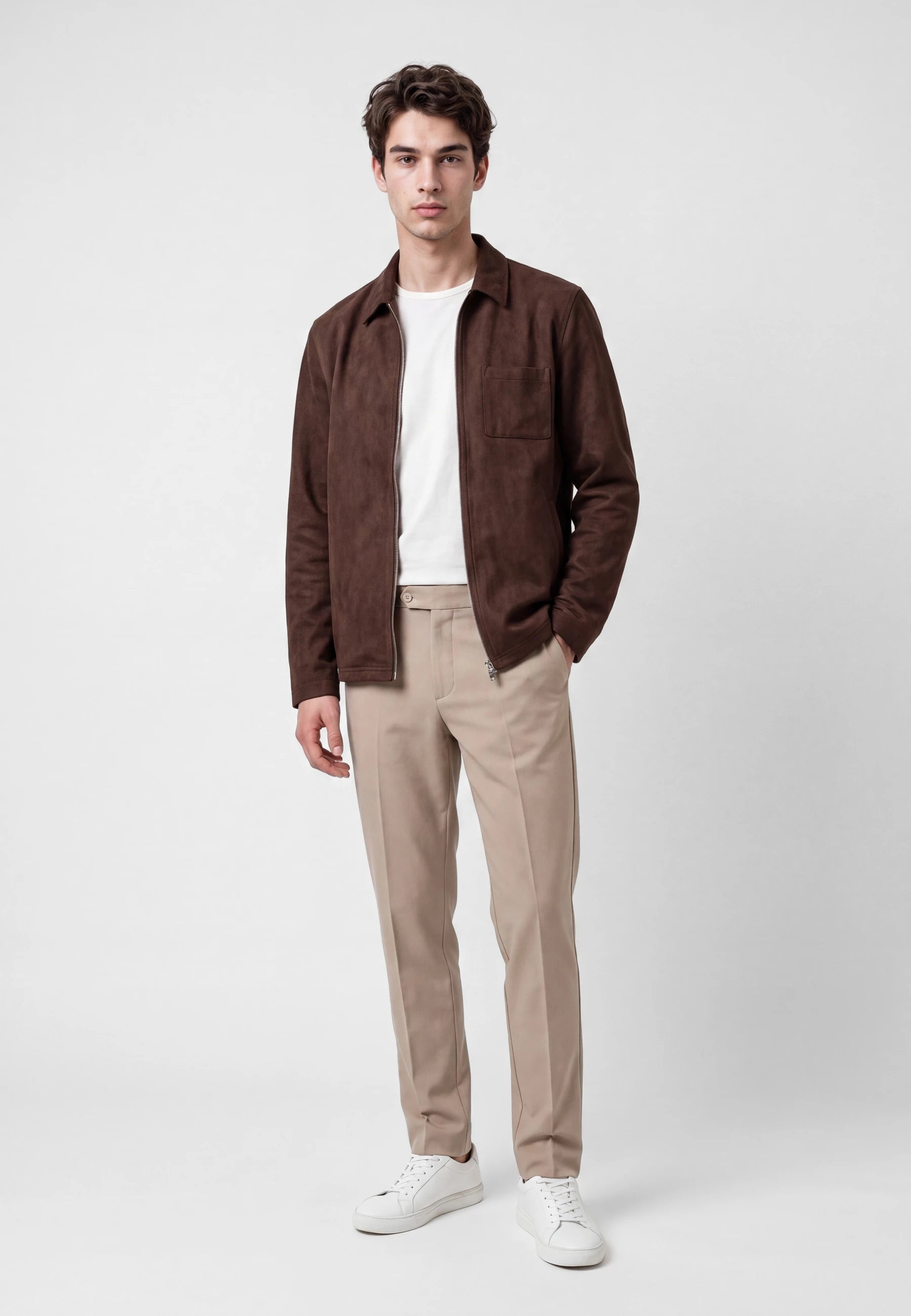 Neo vegan suede overshirt 2.0  - Dark coffee brown, front view on model