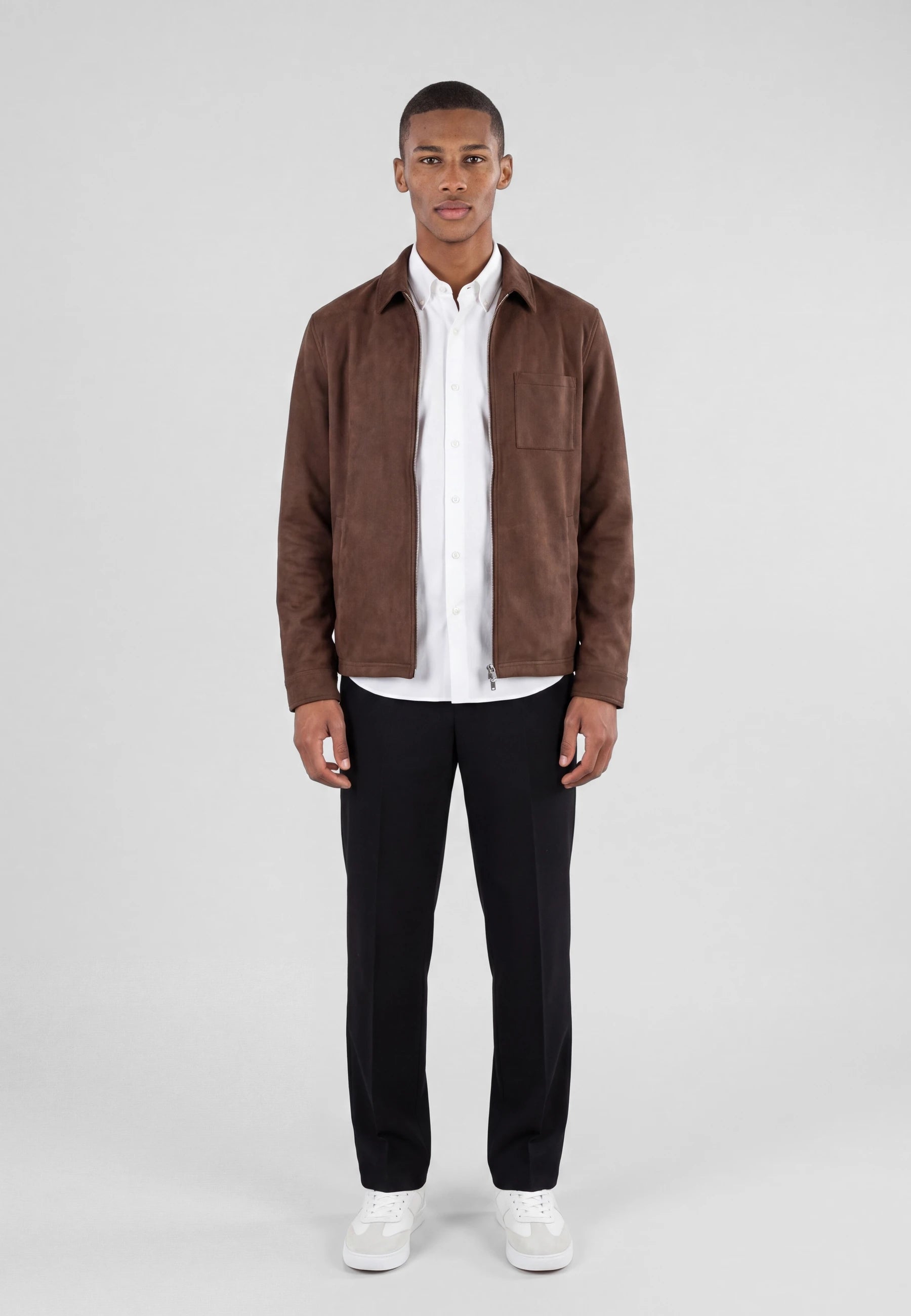 Neo vegan suede overshirt 2.0 - Brown, front view on model
