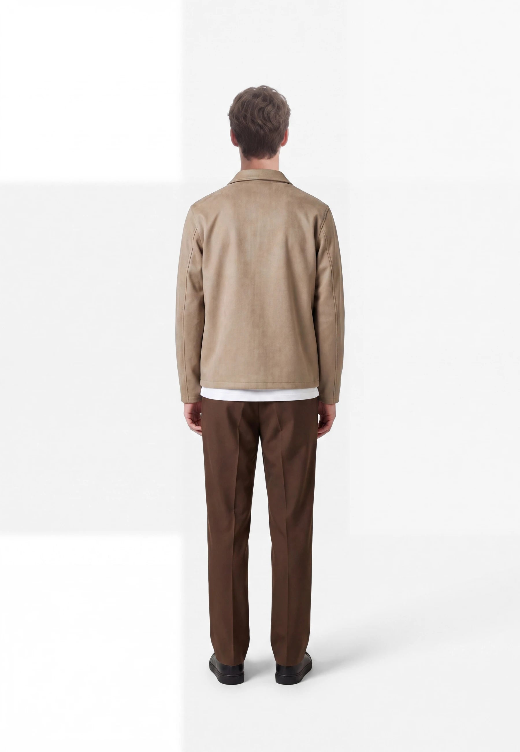 Neo vegan suede overshirt 2.0  - Dusty clay taupe, back view on model