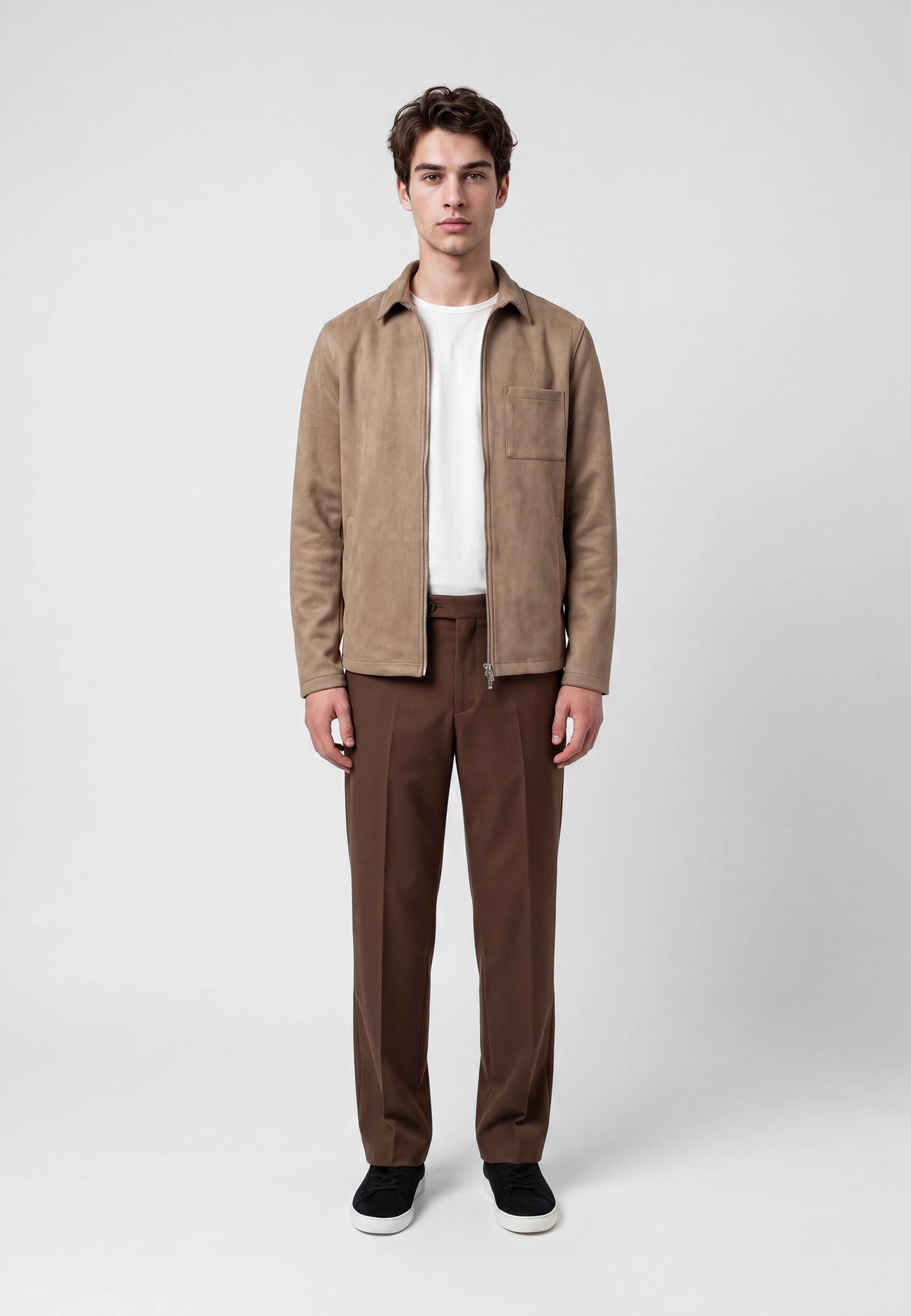 Neo vegan suede overshirt 2.0  - Dusty clay taupe, front view on model