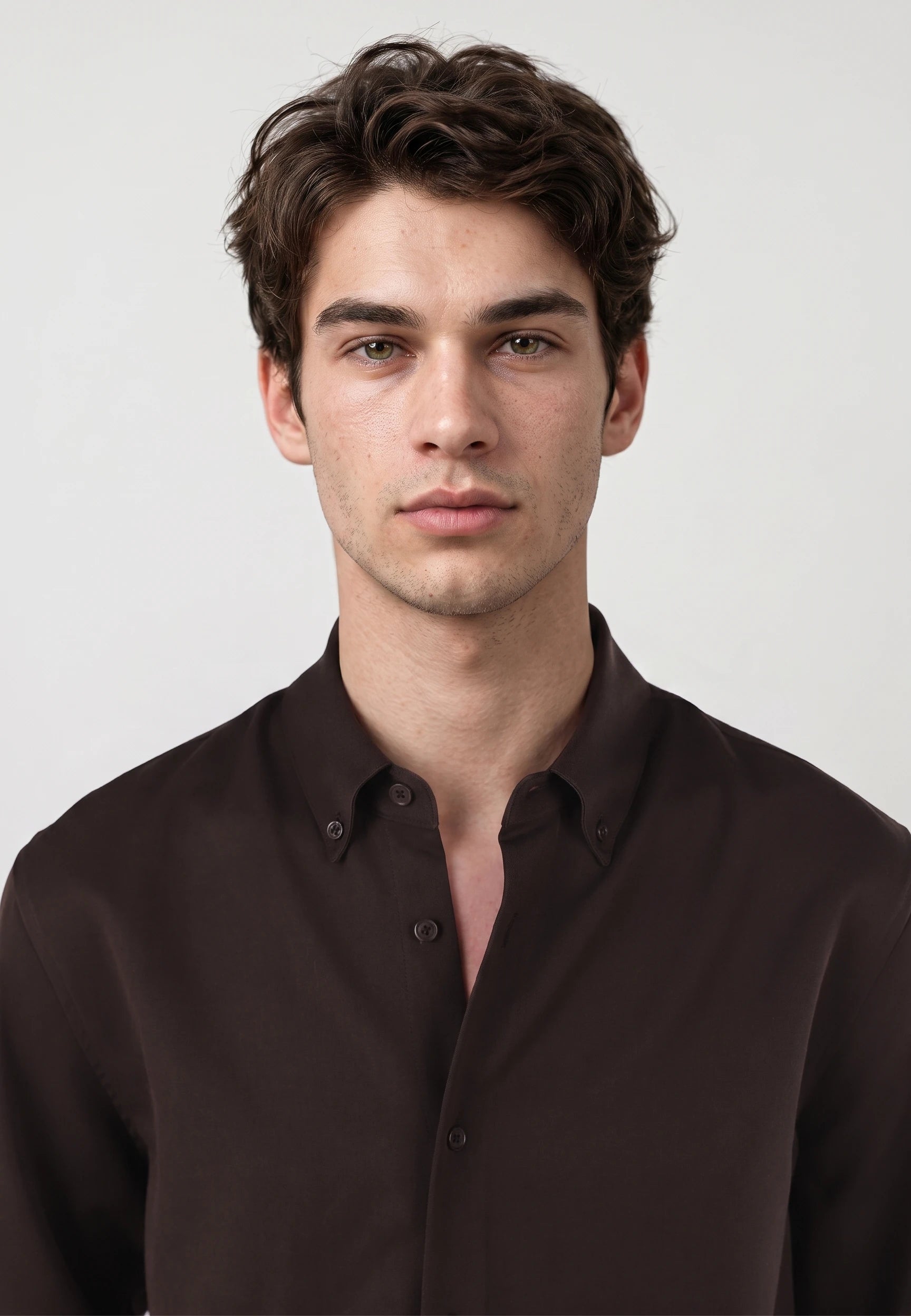Redy viscose blend shirt - Dark coffee brown, collar and fastening close up