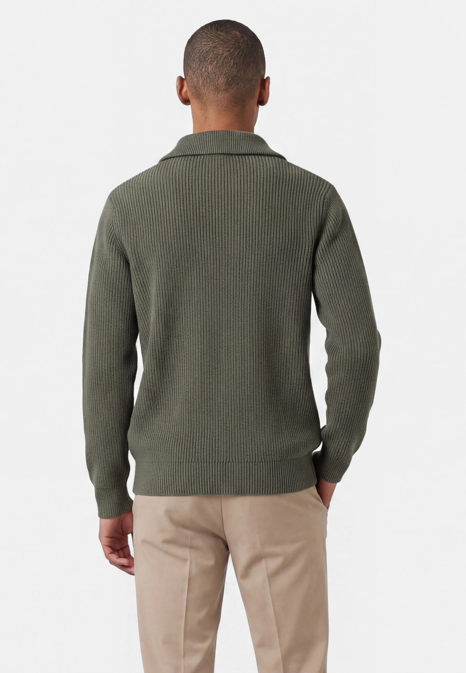 Reuben knitted half zip - Moss green, back view on model