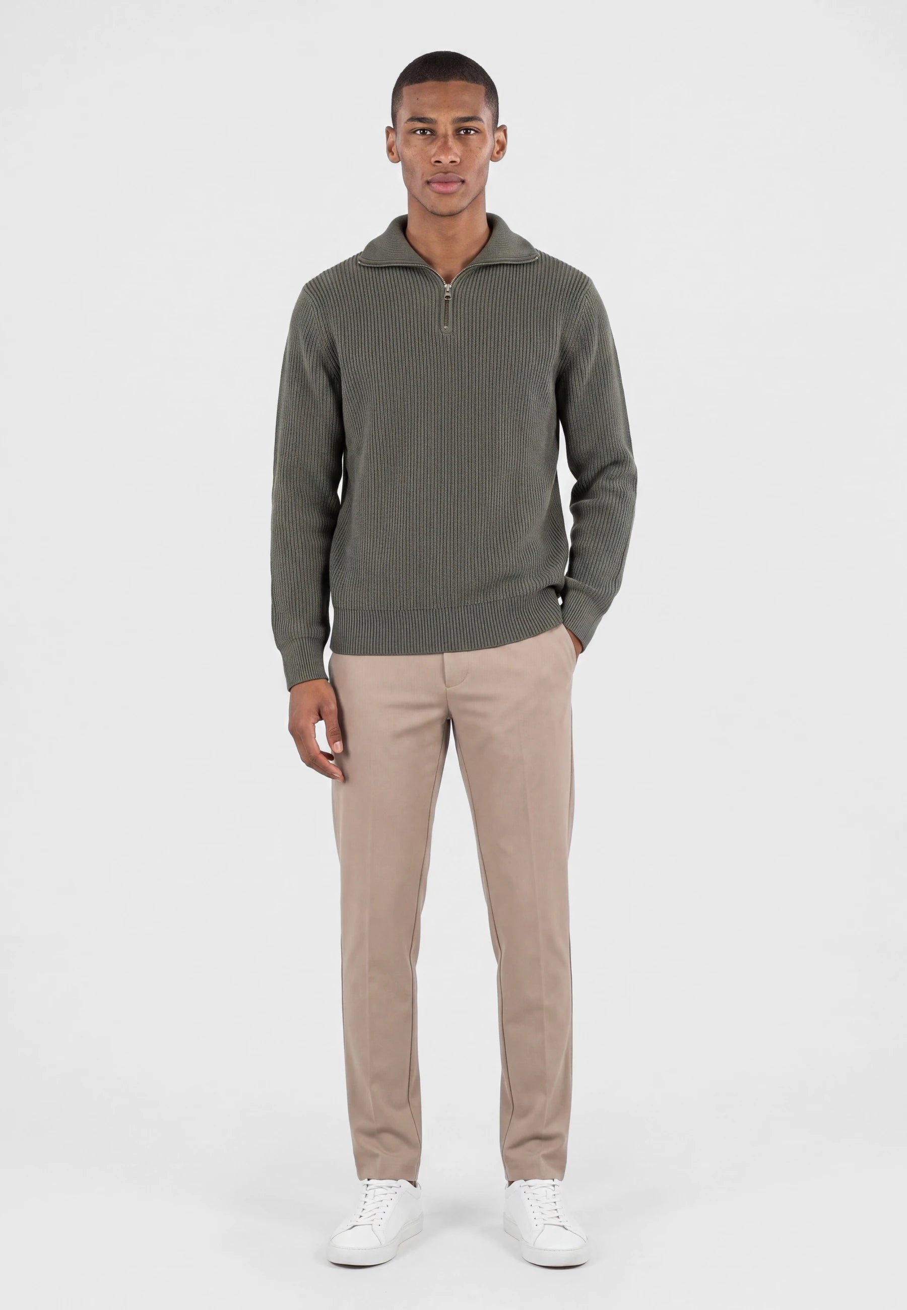 Reuben knitted half zip - Moss green, front view on model